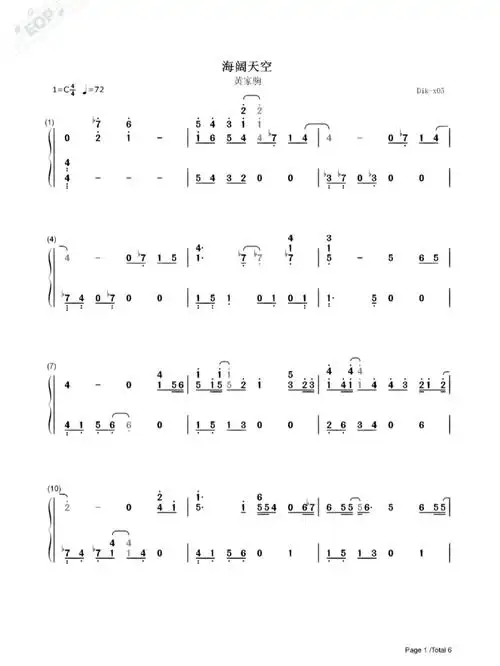 《海阔天空》简谱