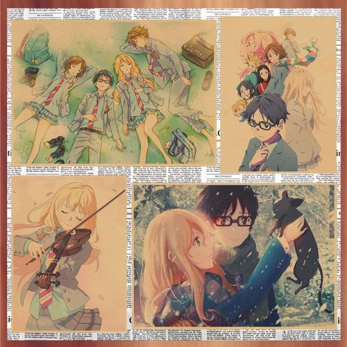 装饰画音乐爱情动漫 四月是你的谎言电影海报复古牛皮纸装饰墙画