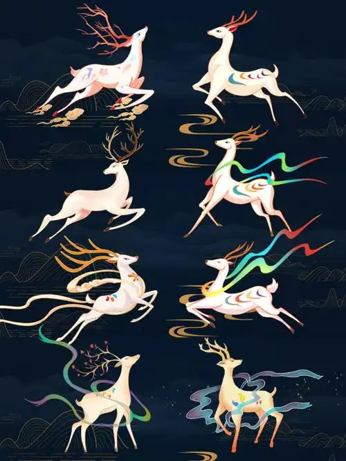 七彩麋鹿仙鹿国潮风插画素材源文件