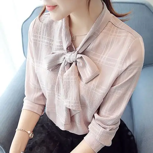 长袖衬衫韩国新款女装甜美蝴蝶结系带v领宽松衬衣雪纺打底衫上衣