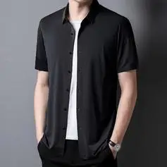 罗冠冰丝抗皱衬衫男士短袖2024夏季新款商务正装衬衣爸爸装上衣