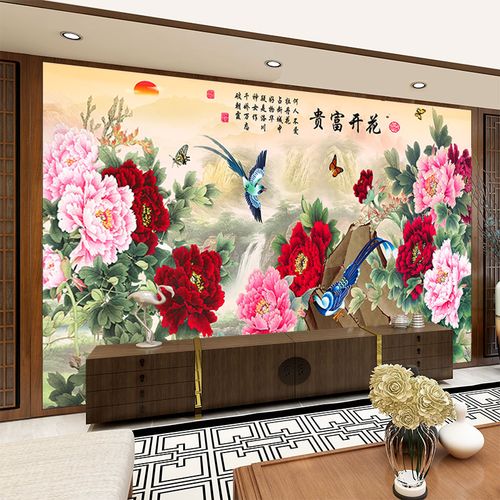 鸿赞 牡丹电视墙18d凹凸立体壁画客厅花开富贵墙布影视墙定制壁布欧式