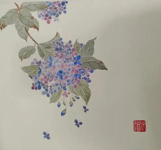 今天过了第四课桃花,看到同学画的绣球手痒了,试了一下得到老师鼓励啦