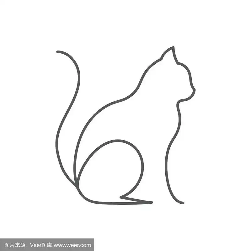 猫连续线画-可爱的宠物坐与抬高的尾巴侧视图孤立在白色的背景.