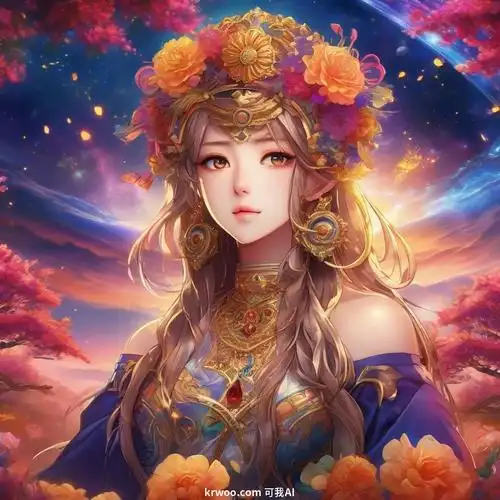 ai 绘画动漫提示词:身着华丽花卉冠冕的公主