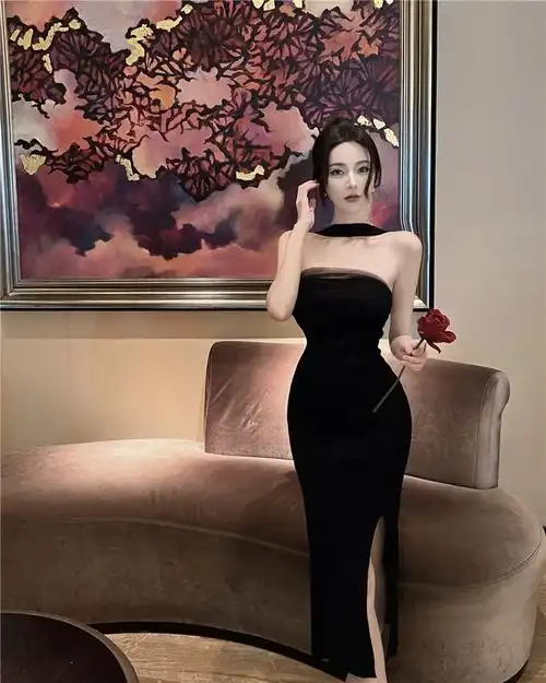 性感黑色针织网纱抹胸连衣裙一字肩宴会礼服包臀裙纯欲内搭中长裙