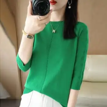 针织衫半袖女夏天穿的半截袖七分袖打底女圆领套头毛衣薄款中袖打底衫