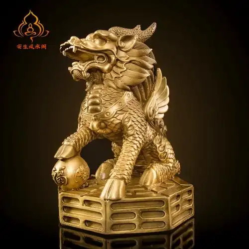 铜麒麟家居摆件一对纯铜镇宅招财麒麟踩八卦办公室客厅乔迁装饰品