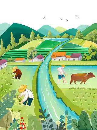 乡村振兴美丽新农村自然风光插画
