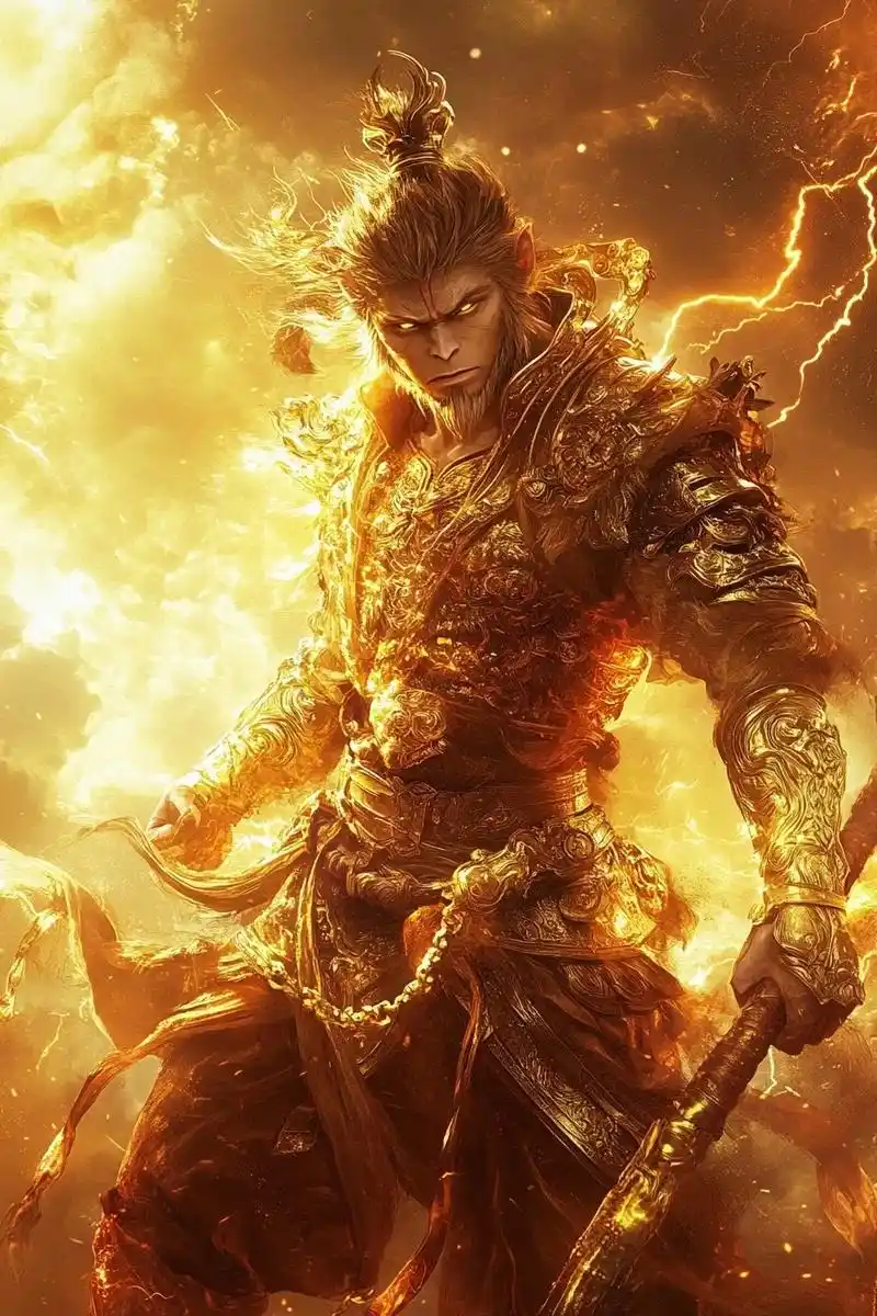 齐天大圣孙悟空,天赋异禀,目若朗星,英气逼人.身披金甲亮灿