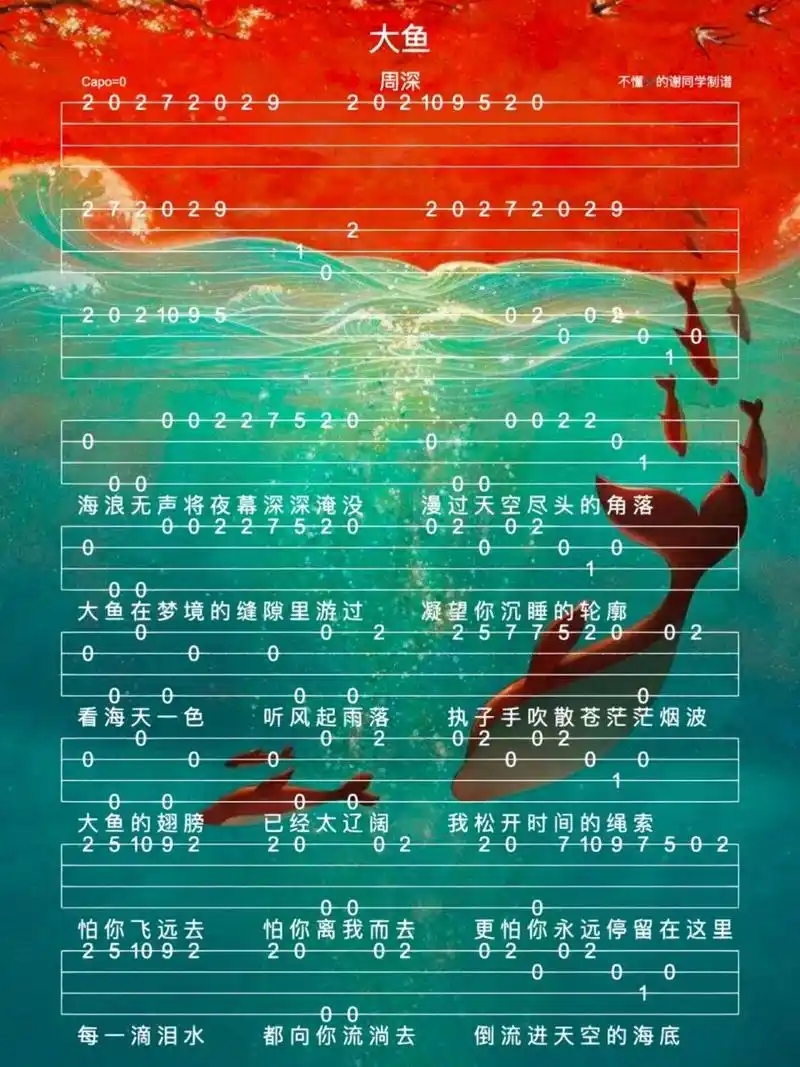 周深《大鱼》新手指弹免翻页尤克里里谱      	 这个是尤克里里谱75