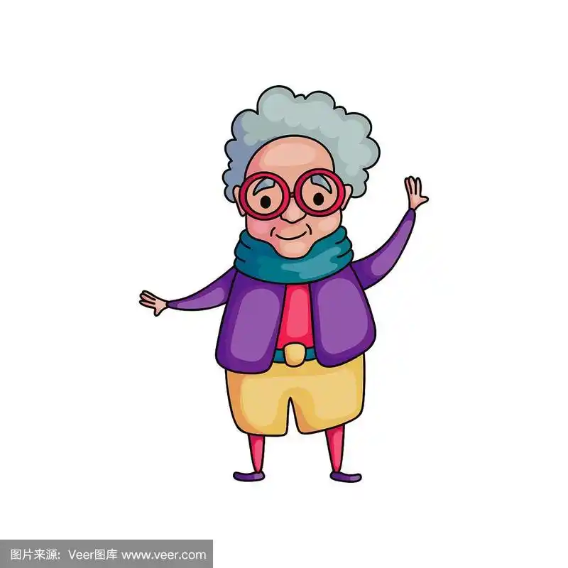 穿着紫色夹克,戴着红色眼镜的可爱的跳舞大妈