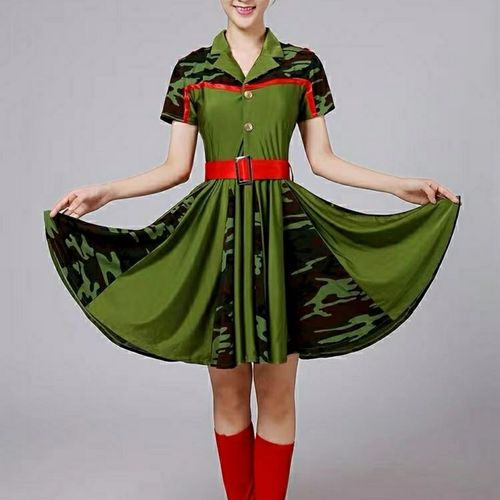 成人军绿舞蹈迷彩演出服现代舞军鼓服军装女迷彩裙女兵服装广场舞