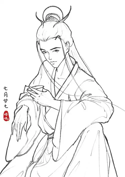 「古风饮酒公子」线稿速写|插画|艺术插画|雪姑喵喵 - 原创作品