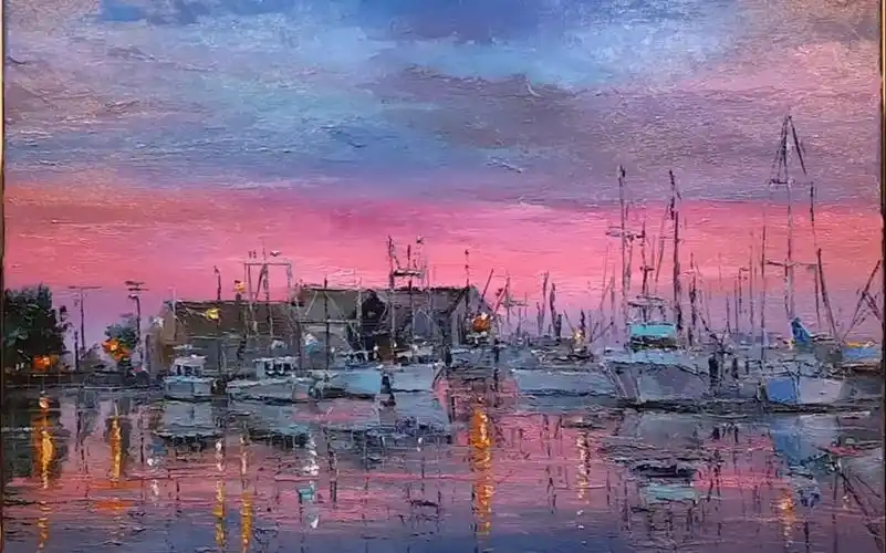 《暮光下的泊船》, 手绘刮刀色彩风景分享. 油画风景艺术家 dusan