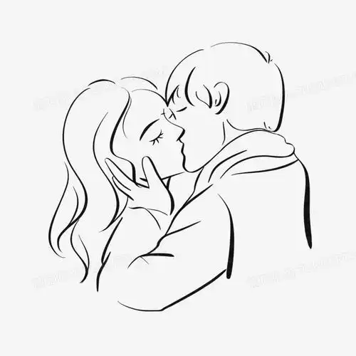 手绘线描情侣接吻元素