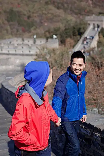 一对,情侣,拍照,旅游,长城,青年