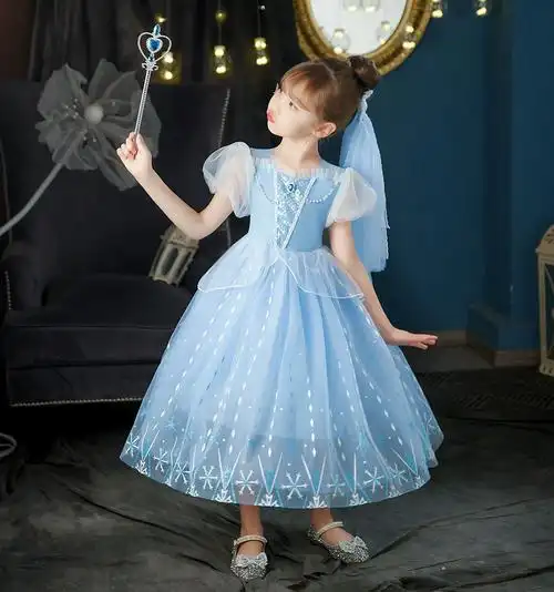 艾莎公主裙女童夏季2024新款高端原版生日礼服裙冰雪奇缘爱莎裙子