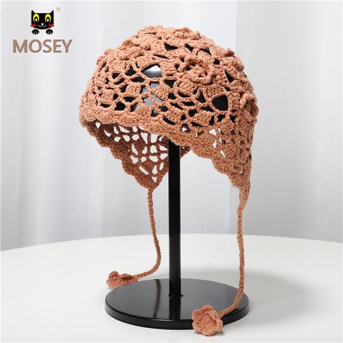 日系编织花朵镂空薄帽春秋季手工透气后开叉帽针织钩针包头帽子女