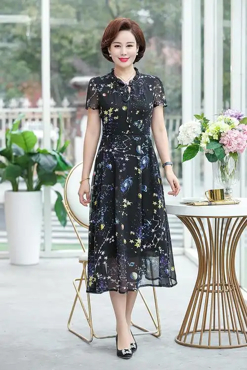 夏季中年人女装雪纺连衣裙30岁40妈妈装时尚55收腰显瘦女裙