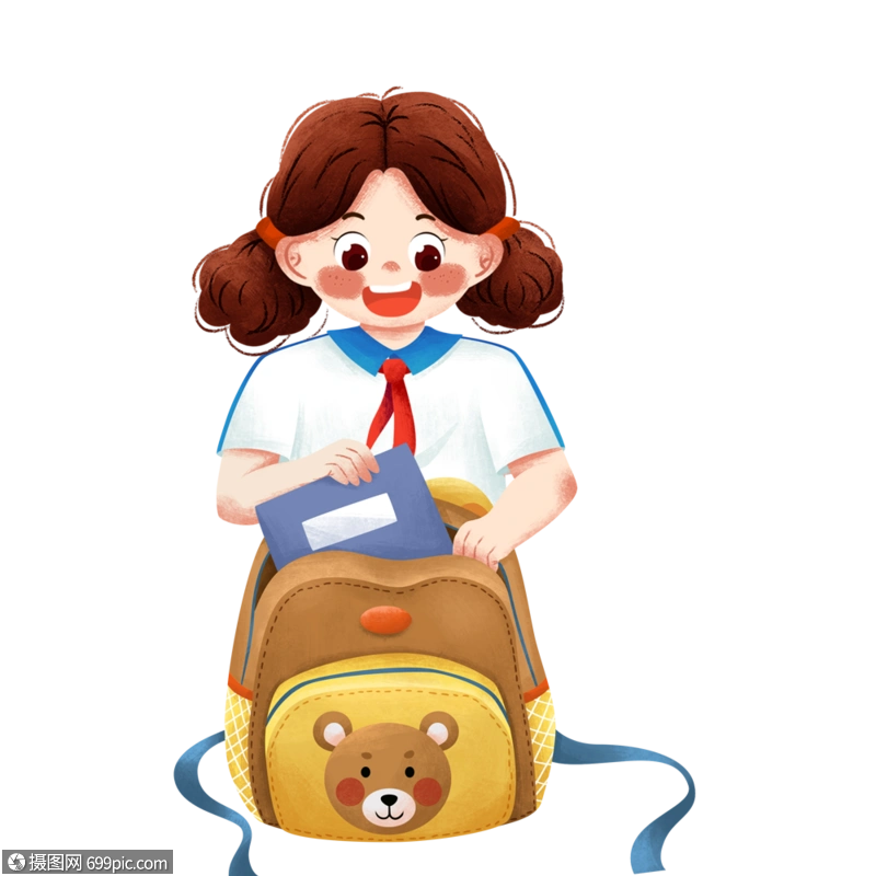 女孩整理书包上学小学生开学季