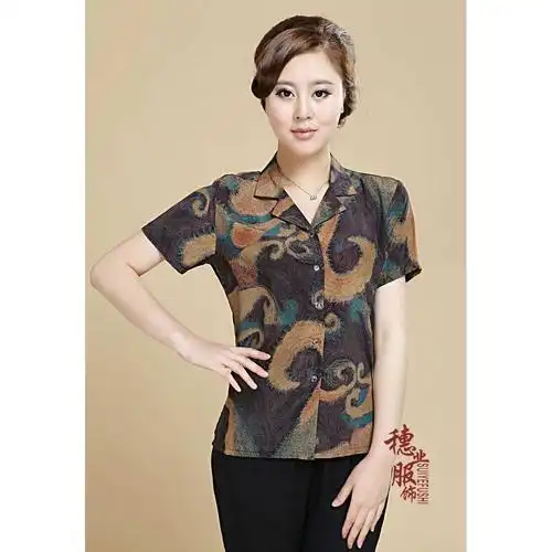 新款桑蚕丝宽松衬衣中老年女重磅真丝双绉大码短袖上衣夏印花蚕丝