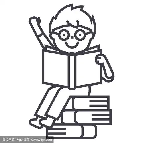 坐着的男孩读着书向量线图标,标志,背景插图,可编辑的笔画