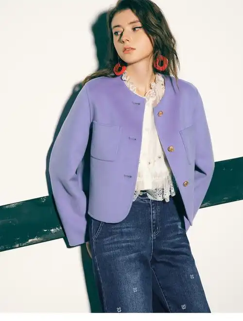 影儿诗篇女装2022秋季新款宽松圆领减龄学院风休闲短款毛呢外套 湖蓝