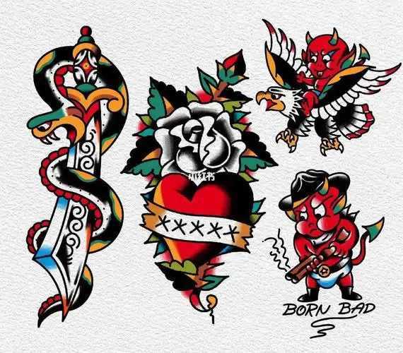手稿彩色oldschool小图案动物心脏船锚纹身手稿纹身素材oldschool手稿