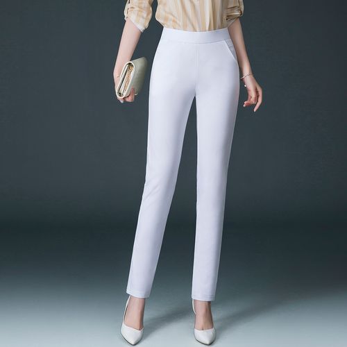 春季白色修身直筒长裤四面弹力烟管女士松紧休闲裤