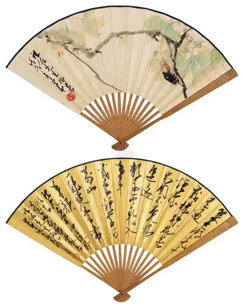 赵少昂190519981958年作夏荫鸣蝉草书七言诗成扇设色纸本