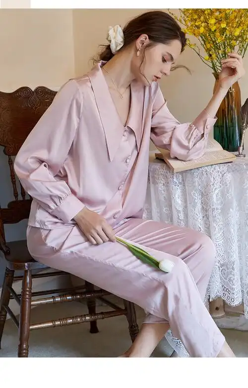 纯色气质衬衫设计感慵懒风复古宫廷欧式冰丝睡衣女套装家居服长袖