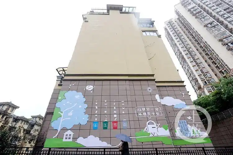 小区楼房外墙上的垃圾分类宣传画.