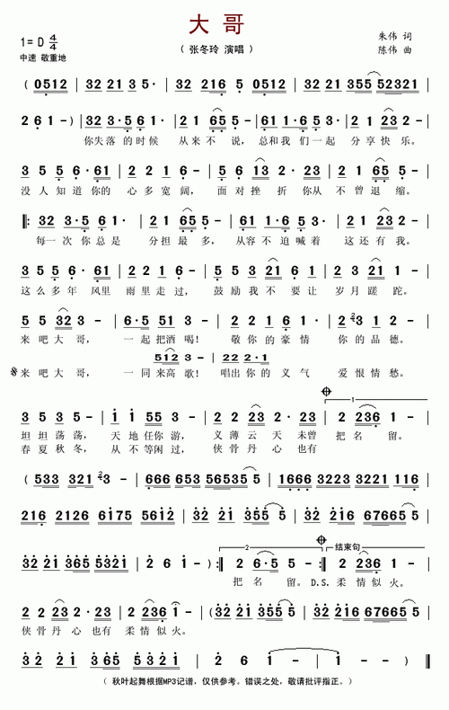 大哥 张冬玲 歌谱 简谱