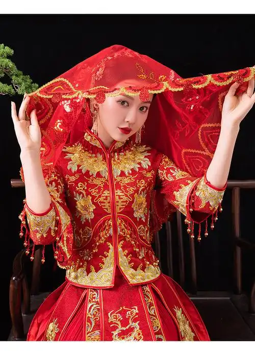 新娘红盖头结婚中式秀禾头纱蕾丝半透明红色网纱古风蒙头喜帕