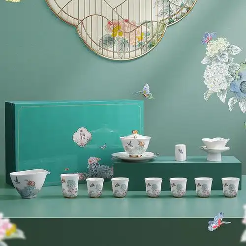 羊脂玉白瓷整套描金盖碗功夫茶具套装陶瓷茶器礼品礼盒装印制logo