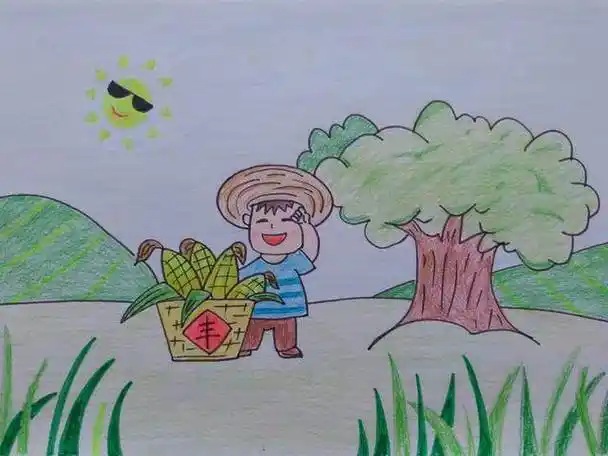 画_书画文字插秧与丰收水稻小麦农民耕地青山水彩绘画插画丰收插画