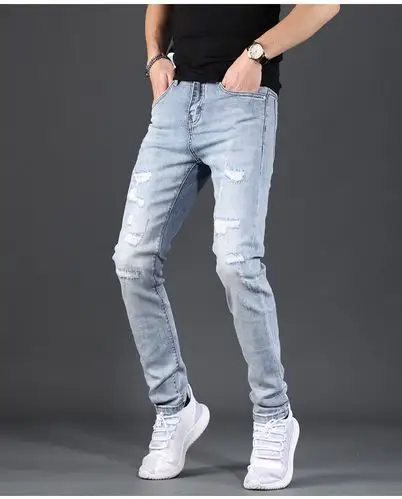 墨森尼破洞牛仔裤男潮牌修身小脚浅色秋季潮流乞丐休闲弹力男士裤子 s