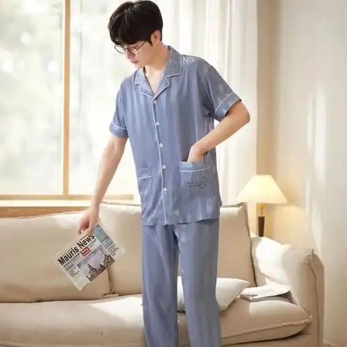 男士冰丝夏季短袖长裤睡衣男外穿家居服