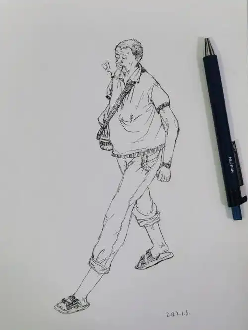圆珠笔画抽烟大叔人物速写