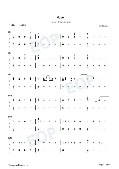 gone-rosé-blackpink-钢琴谱文件(五线谱,双手简谱,数字谱,midi,pdf)