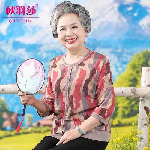 中老年女装精品夏季中袖针织上衣