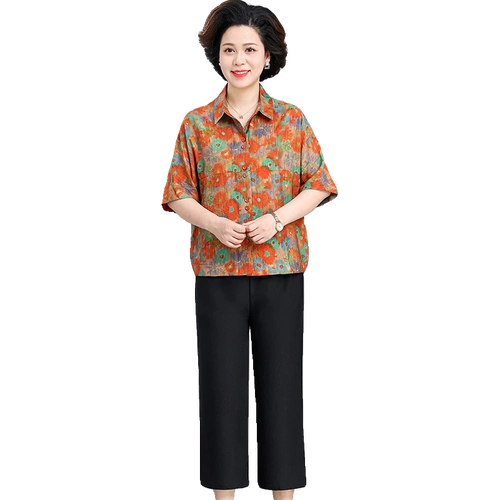 上衣妈妈夏款中老年女两件套2024新款套装老太太夏装短袖碎花衬衫