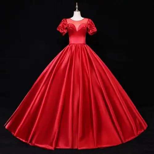 跨境2021新款新娘v领欧美彩色缎面宫廷梦幻公主蓬蓬裙婚纱晚礼服