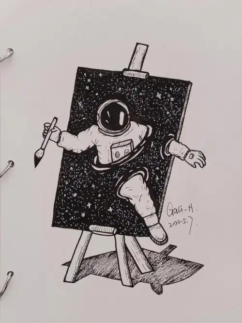 57宇航员黑白创意画线描针管手绘插画