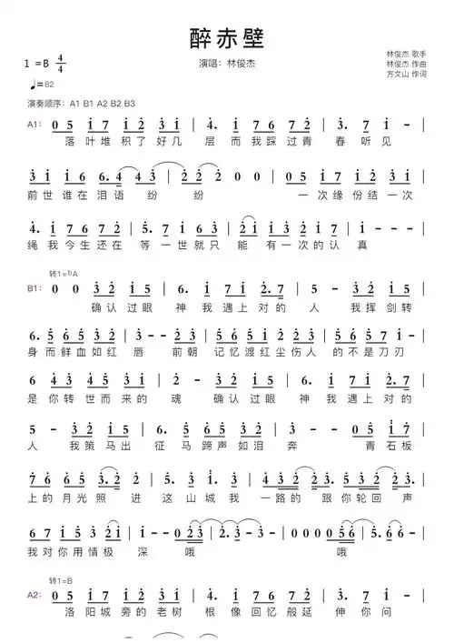 醉赤壁智能简谱演唱林俊杰