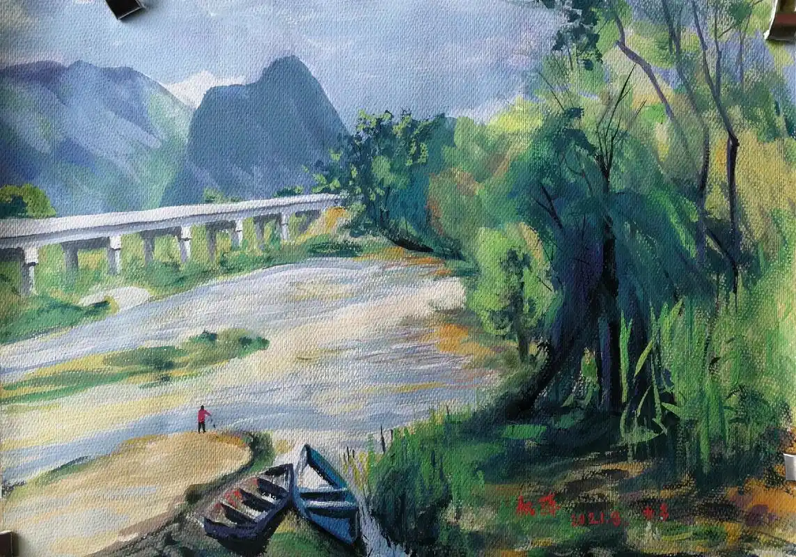 纯手绘水粉风景写生画,水乡,绘画分享,#祝大家天天有个好心情 - 抖音