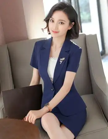 夏装白领职业装女装套装短袖韩版气质时尚ol正装女酒店 单件蓝西装 xl