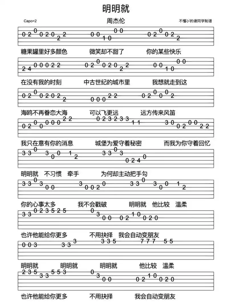 周杰伦《明明就》新手指弹免翻页吉他谱    	 《明明就》收录在周杰伦