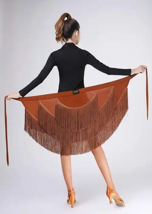 拉丁舞围裙女流苏裙新款摩登舞臀巾恰恰舞蹈裙伦巴半身裙黄豹纹均码